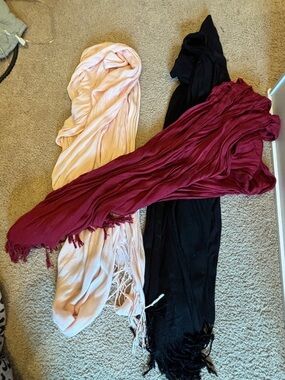 Set of 3 Lightweight Scarves - Blush, Wine & Black